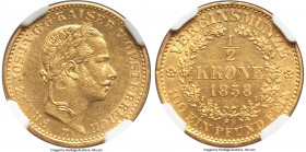 Franz Joseph I gold 1/2 Krone 1858-E AU55 NGC, Karlsburg mint (in Transylvania), KM2251, Fr-498, J-314. Mintage: 25,000. A scarcer issue, and one of o...