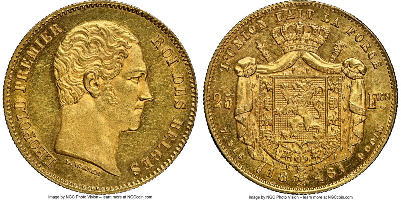 Leopold I gold 25 Francs 1848 MS62 NGC, Brussels mint, KM13.1. Warm, golden resp...