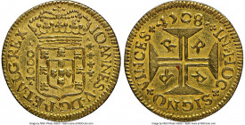 João V gold 1000 Reis 1708-R AU Details (Bent) NGC, Rio de Janeiro mint, KM103, LMB-154. Struck for only two separate years in 1708 and 1726, this 100...