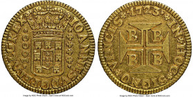 João V gold 1000 Reis 1723-B AU53 NGC, Bahia mint, KM104, LMB-49. Well-centered and seemingly close to fully struck owing to bold, clear designs, with...