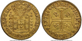 João V gold 2000 Reis 1725/3-R AU Details (Edge Filing) NGC, Rio de Janeiro mint, cf. KM112 (overdate unlisted), LMB-157 (same). A scarce type display...