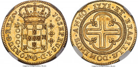 Jose I gold "Large Crown" 4000 Reis 1771-L MS63+ NGC, Lisbon mint, KM171.3, LMB-332. Large crown, "JOSEPHUS DOMINUS" variety. Brilliant lemon-gold, wi...