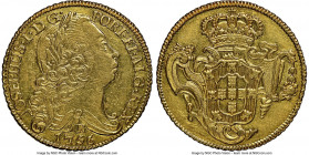 Jose I gold 6400 Reis 1756-B AU53 NGC, Bahia mint, KM172.1, LMB-386. Brightly decorated in strong remnants of sun-gold luster that beam from the perip...