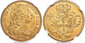 Jose I gold 6400 Reis 1771-B AU58 NGC, Bahia mint, KM172.1, LMB-401. One of surprisingly few examples of this mint-date combination that we have sold,...