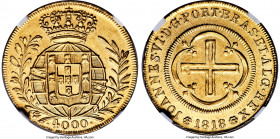 João VI gold 4000 Reis 1818-(R) MS63 NGC, Rio de Janeiro mint, KM327.1, LMB-582. Straw-gold in color and displaying a particularly crisp obverse strik...