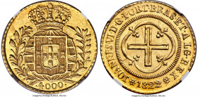 João VI gold 4000 Reis 1822/1-(R) MS63 NGC, Rio de Janeiro mint, KM327.1, LMB-586. Gleaming and brilliant, with gold foil luster expressed across gent...