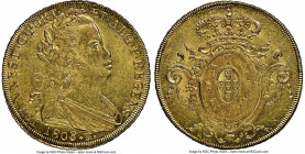 João Prince Regent gold 6400 Reis 1808/7-R MS62 NGC, Rio de Janeiro mint, KM236.1, LMB-558. Fully Mint State and decorated in a sheen of rolling harve...