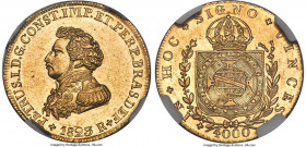 Pedro I gold 4000 Reis 1823-R MS61 NGC, Rio de Janeiro mint, KM369.1, LMB-593. Bordering on fully struck and demonstrating brightly shimmering yellow-...