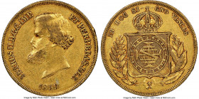 Pedro II gold 10000 Reis 1859 AU55 NGC, Rio de Janeiro mint, KM467, LMB-651. One of the two key dates from this Pedro II series and one in admirable c...