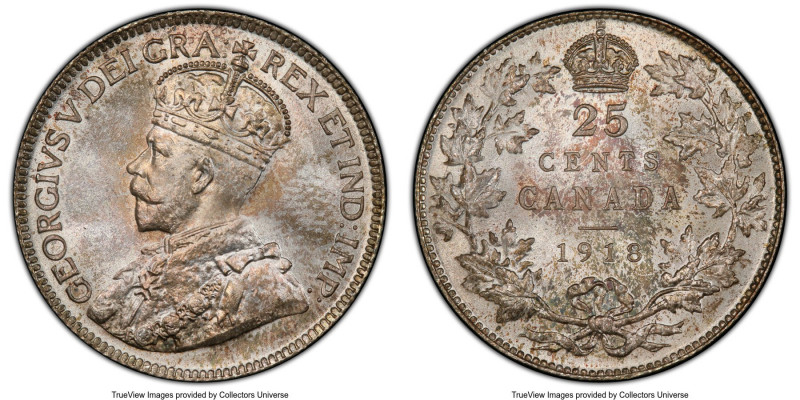George V 25 Cents 1918 MS67 PCGS, Ottawa mint, KM24. Among the finest known for ...