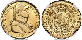 Ferdinand VII gold 8 Escudos 1809 So-FJ AU Details (Cleaned) NGC, Santiago mint, KM72, Cal-1862. Well-struck and still quite appealing for the designa...