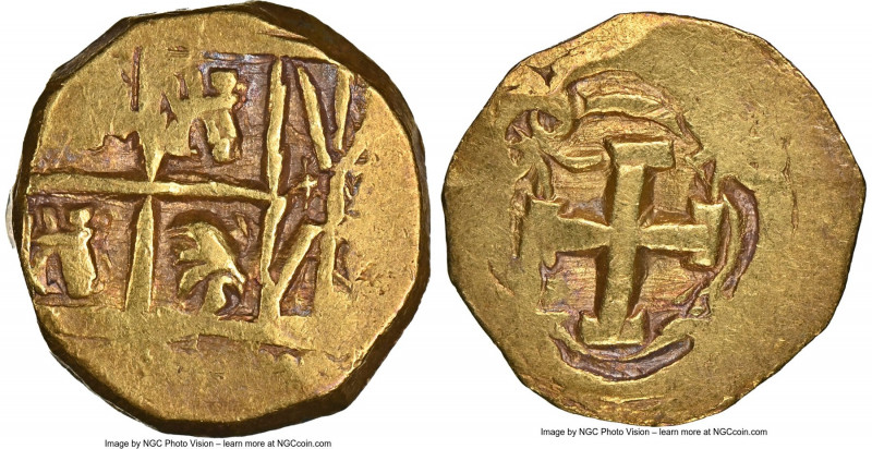 Philip V gold Cob 2 Escudos ND (1732-1744) AU58 NGC, Santa Fe (de Bogota) mint, ...
