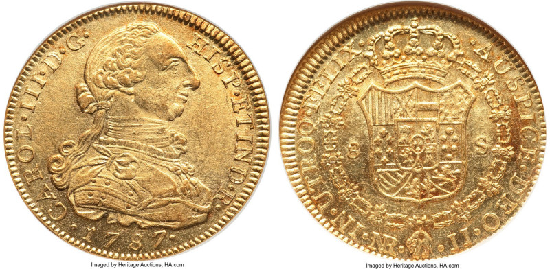 Charles III gold 8 Escudos 1787 NR-JJ MS63 NGC, Nuevo Reino mint, KM50.1a, Cal-2...