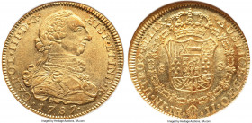 Charles III gold 8 Escudos 1787 NR-JJ MS63 NGC, Nuevo Reino mint, KM50.1a, Cal-2122, Onza-893. Benefitting from a clear strike, with typical micro-gra...