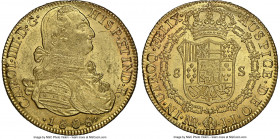 Charles IV gold 8 Escudos 1808 NR-JJ MS62+ NGC, Nuevo Reino mint, KM62.1, Cal-1749, Onza-1149. Variety with two pellets between D and G in obverse leg...