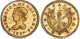 Republic gold Escudo 1827 POPAYAN-RU MS64 NGC, Popayan mint, KM81.2, Fr-72. Conditionally superb for its type, the standout preservation of this piece...