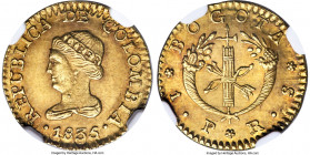 Republic gold Peso 1835 BOGOTA-RS MS64 NGC, Bogota mint, KM84, Fr-73. Sharply struck for this fleeting gold issue, with a richness of luster and care ...