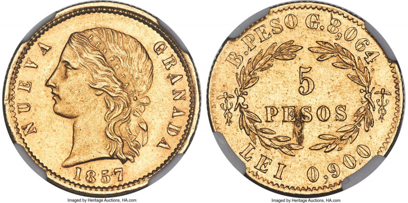 Nueva Granada gold 5 Pesos 1857-B MS60 NGC, Bogota mint, KM120.1, Fr-82. A fleet...