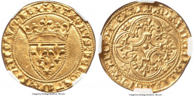 Charles VI gold Ecu d'Or a la couronne ND (1380-1422) MS62 NGC, Paris mint, Fr-291, Dup-369. 1st emission (from 11 March 1385). +KAROLVS: DЄI: GRACIA:...
