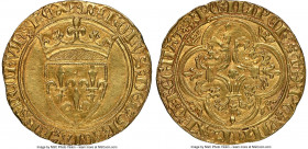 Charles VI gold Ecu d'Or a la couronne ND (1380-1422) AU58 NGC, Saint-André de Villeneuve-lès-Avignon mint (pellet beneath 20th letter), Fr-291, Dup-3...