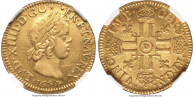 Louis XIV gold Louis d'Or 1651-D AU58 NGC, Lyon mint, KM149.2, Fr-415, Gad-244. Young portrait with short curl (a la meche courte) reaching to neck. T...