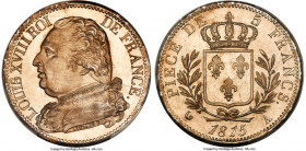 Louis XVIII 5 Francs 1815-A MS65 PCGS, Paris mint, KM702.1, Gad-591. Exceptionally preserved for this highly historical type, struck in the year of th...