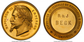 Napoleon III gold Specimen "Exposition Universelle de Paris" Award Medal 1867 SP63 PCGS, cf. Divo-553 (different recipient). 50mm. 72.24gm. By H. Pons...