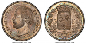 Henri V Pretender silver Specimen Essai 5 Francs 1871 SP63 PCGS, Brussels mint, KM-X37.2, Maz-926 (R2), VG-2731. Beautifully ringed in seafoam and gol...