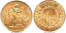 Republic gold 100 Francs 1881-A MS64+ PCGS, Paris mint, KM832, Fr-590. Conditionally high-end for the issue, with touches of accenting honey-gold tone...