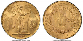 Republic gold 100 Francs 1886-A MS63 PCGS, Paris mint, KM832, Gad-1137. Mintage: 39,000. Waves of brilliance ripple across the surfaces of this expans...