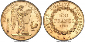 Republic gold 100 Francs 1901-A MS63 NGC, Paris mint, KM832. Mintage: 10,000. Almost entirely Prooflike in the fields, with light golden surfaces that...