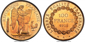 Republic gold 100 Francs 1902-A MS63 PCGS, Paris mint, KM832, Fr-590. Beautifully toned, with flashy fields and minimal contact marks. Although the re...