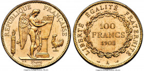 Republic gold 100 Francs 1903-A MS63+ PCGS, Paris mint, KM832, Gad-1137. Mintage: 10,000. Immensely flashy and exuding highly watery characteristics t...