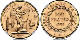 Republic gold 100 Francs 1908-A MS64 NGC, Paris mint, KM858, Gad-1137a. A lightly reflective representative exhibiting pleasing copper-gold color and ...