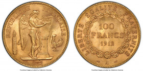 Republic gold 100 Francs 1912-A MS63 PCGS, Paris mint, KM858, Gad-1137a. Mintage: 20,000. A particularly attractive 100 Francs laden with golden frost...