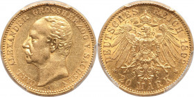 Saxe-Weimar-Eisenach. Karl Alexander gold 20 Mark 1892-A AU58 PCGS, Berlin mint, KM213, J-282. Mintage: 5,000. A fleeting and seldom-seen issue that o...