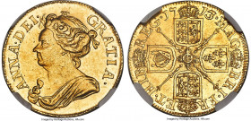 Anne gold Guinea 1713/1 AU58 NGC, KM534, S-3574. A fleeting issue, and a notable overdate that ranks in a tied finest position at NGC with both the 17...