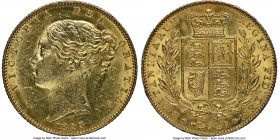 Victoria gold "Broad Shield" Sovereign 1843 MS61 NGC, KM736.1, S-3852. Broad shield variety. A fine Mint State specimen showcasing a pleasing sun-yell...