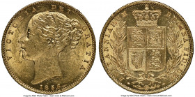 Victoria gold Sovereign 1856 MS62 NGC, KM736.1, S-3852D. Abounding in luster, it is the reverse of this specimen that truly steals the show--satin tex...