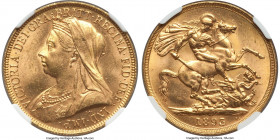 Victoria gold 2 Pounds 1893 MS63 NGC, KM786, S-3873. Conveying sleek, slightly satiny surfaces enlivened by tiger's eye luster and demonstrating a vib...