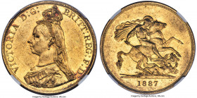Victoria gold 5 Pounds 1887 MS60 NGC, KM769, S-3864. Brightly lustrous despite a uniform dispersion of handling friction, with soft accents of red-bro...