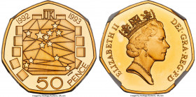 Elizabeth II gold Proof "E.U. Council Presidency" 50 Pence 1992 PR68 Ultra Cameo NGC, KM963b. Mintage: 1,864. A curious heptagonal issue struck to com...