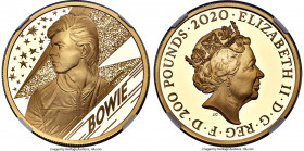 Elizabeth II gold Proof "David Bowie" 200 Pounds (2 oz) 2020 PR70 Ultra Cameo NGC, KM-Unl. Mintage: 100. Music Legends series. First Releases. A popul...