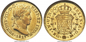 Ferdinand VII gold Escudo 1817 NG-M AU58 NGC, Nueva Guatemala mint, KM74, Fr-25, Cal-1495. Awash with reflective golden luster despite gentle signs of...