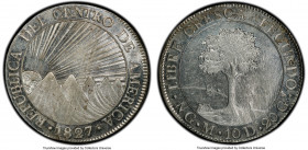 Central American Republic 8 Reales 1827 NG-M MS62 PCGS, Nueva Guatemala mint, KM4, Elizondo-87. Icy surfaces abound on this near-Choice Mint State sur...