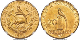 Republic gold 20 Quetzales 1926-(P) AU58 NGC, Philadelphia mint, KM246, Fr-48. At the very cusp of Mint State, with vibrant, rich luster emanating fro...
