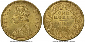 British India. Victoria gold Mohur 1862-(c) MS63 NGC, Calcutta mint, KM480, S&W-4.1. Type A Bust, Type I Reverse. Younger bust with 1 flower in bottom...