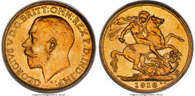 British India. George V gold Sovereign 1918-I MS65 PCGS, Bombay mint, KM-A525, Fr-1609, S-3998. An especially fine example of this Bombay-minted Sover...