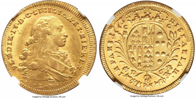Naples & Sicily. Ferdinand IV gold 6 Ducati 1773 BP//CC-R MS63 NGC, Naples mint,...