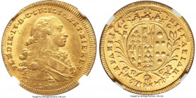 Naples & Sicily. Ferdinand IV gold 6 Ducati 1773 BP//CC-R MS63 NGC, Naples mint, KM176, Fr-849. A wondrously choice example of the type, featuring ple...